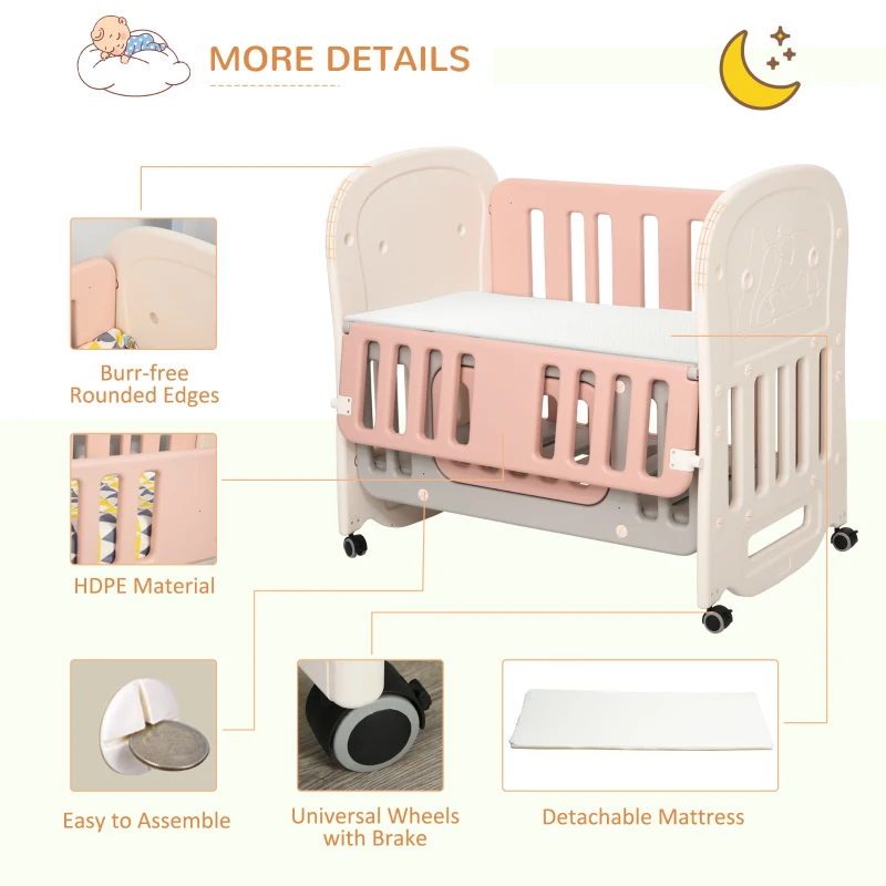 Qaba 3-in-1 Convertible Baby Crib Bedside Sleeper Bassinet with Storage Area, 4 Detachable Lockable Wheels, Mattress, Pink
