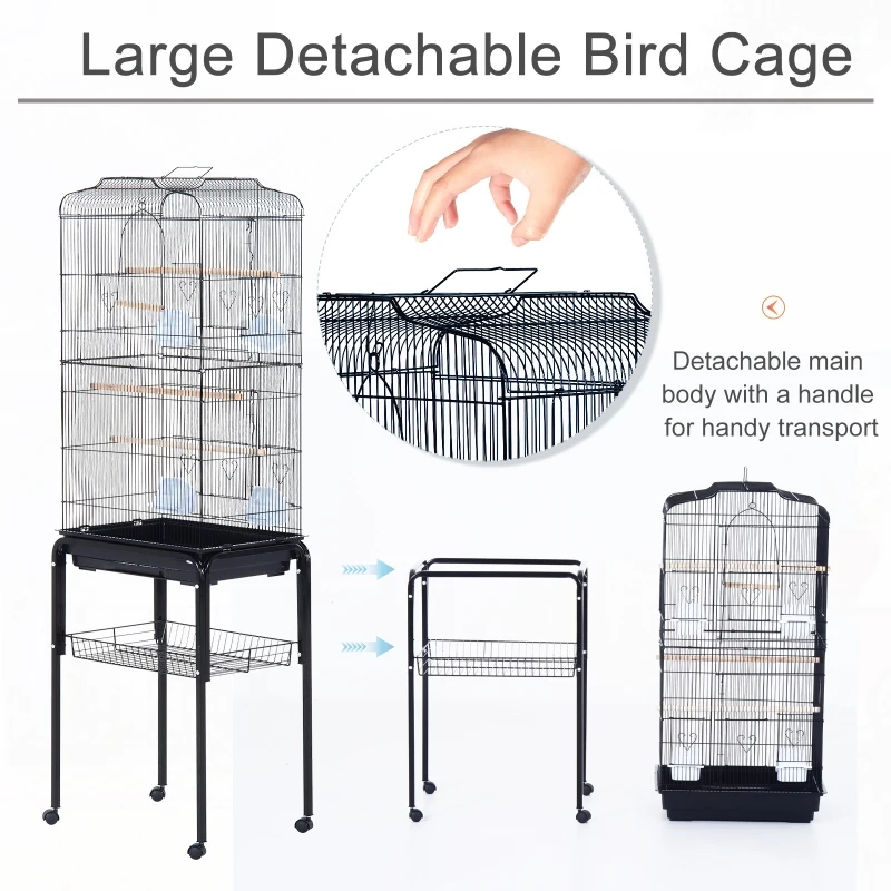 PawHut 60" Rolling Bird Cage Cockatoo House Play Top Finch Pet Supply with Wheels Black