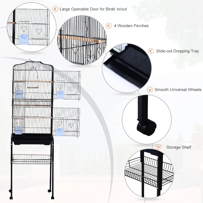 PawHut 60" Rolling Bird Cage Cockatoo House Play Top Finch Pet Supply with Wheels Black