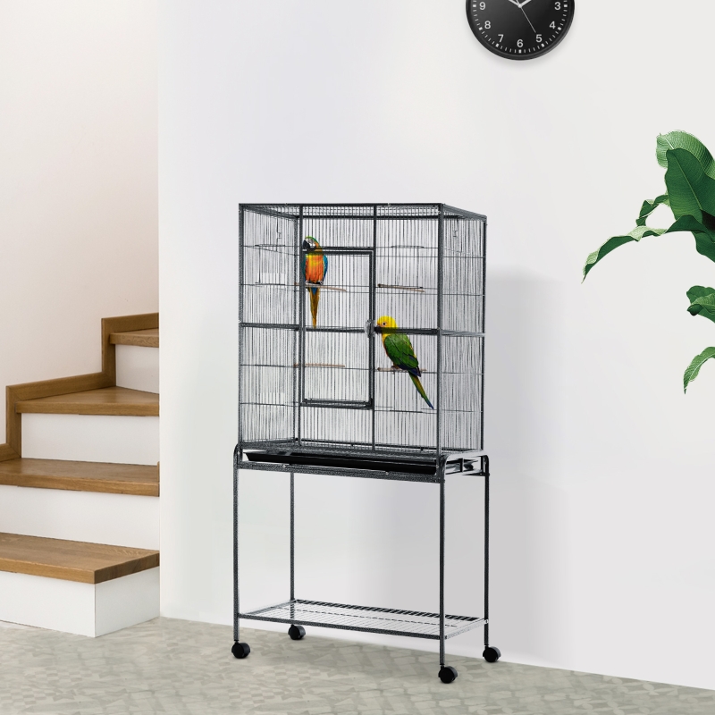 PawHut 30'' Large Rolling Metal Bird Cage Bird House with Detachable Rolling Stand Storage Shelf Wood Perch Food Container