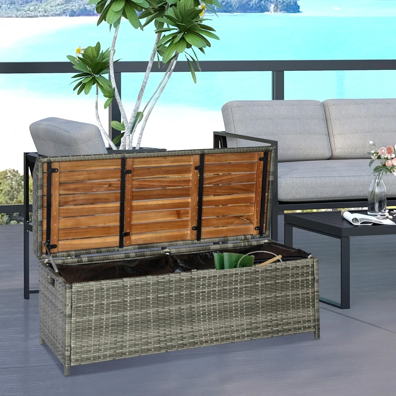 Outsunny Outdoor Storage Bench Wicker Deck Boxes with Wooden Seat, Gas Spring, Rattan Container Bin with Lip, Ideal for Storing Tools, Accessories and Toys, Mixed Grey