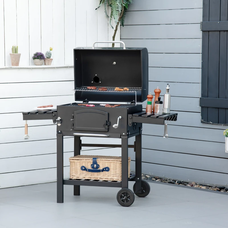 Outsunny 48" Charcoal BBQ Grill and Smoker Combo with Adjustable Height, Portable, Folding Shelves, Thermometer, Bottle Opener, and Wheels
