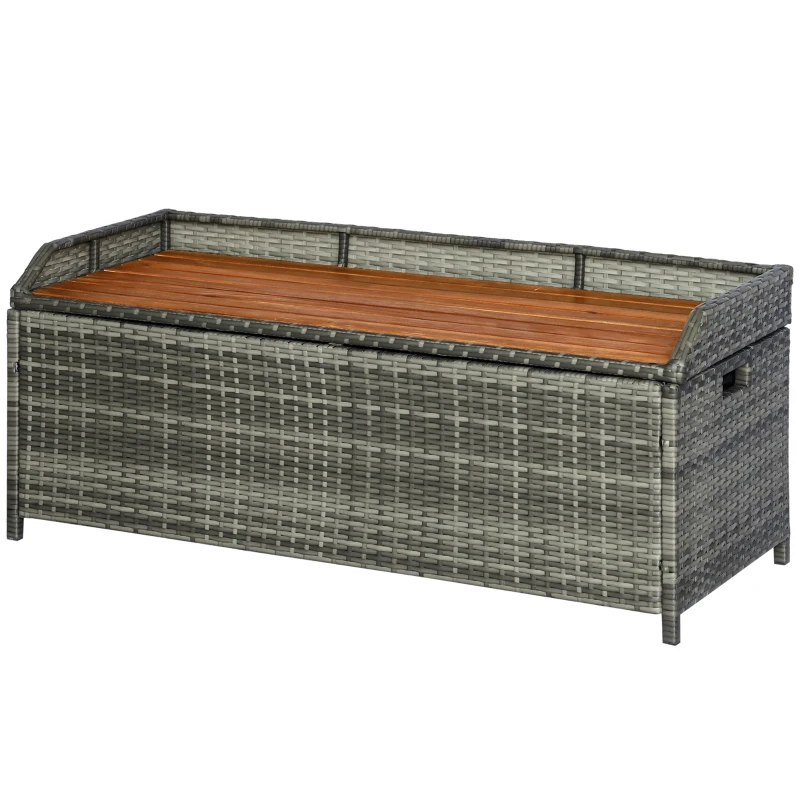 Outsunny Outdoor Storage Bench Wicker Deck Boxes with Wooden Seat, Gas Spring, Rattan Container Bin with Lip, Ideal for Storing Tools, Accessories and Toys, Mixed Grey