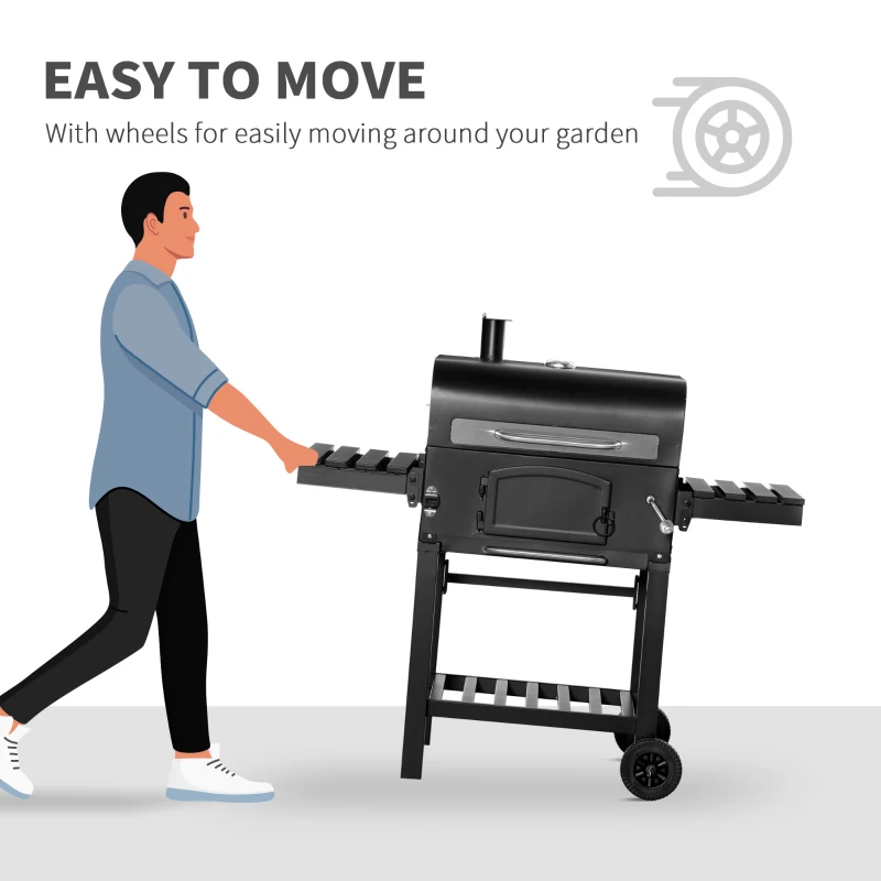 Outsunny 48" Charcoal BBQ Grill and Smoker Combo with Adjustable Height, Portable, Folding Shelves, Thermometer, Bottle Opener, and Wheels
