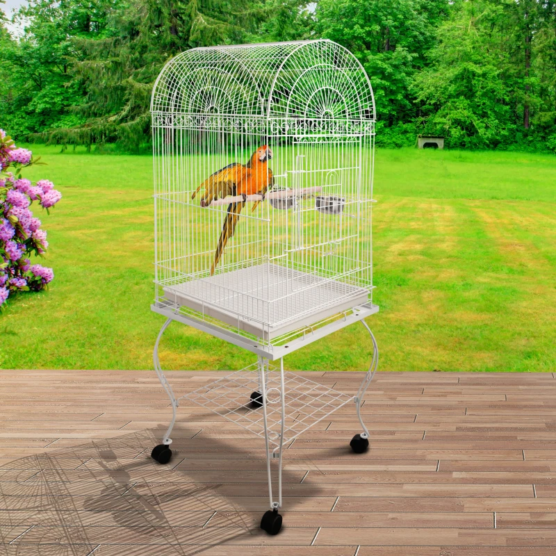 PawHut Play Open Top Bird Cage 60" Budgie Cage for Finches, Canaries with Rolling Stand, Removable Tray, Perches, Storage Shelf White, 21.3" x 21.3"
