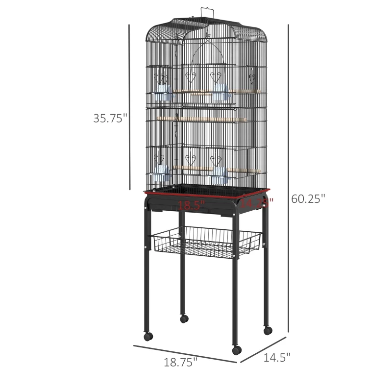 PawHut 60" Rolling Bird Cage Cockatoo House Play Top Finch Pet Supply with Wheels Black