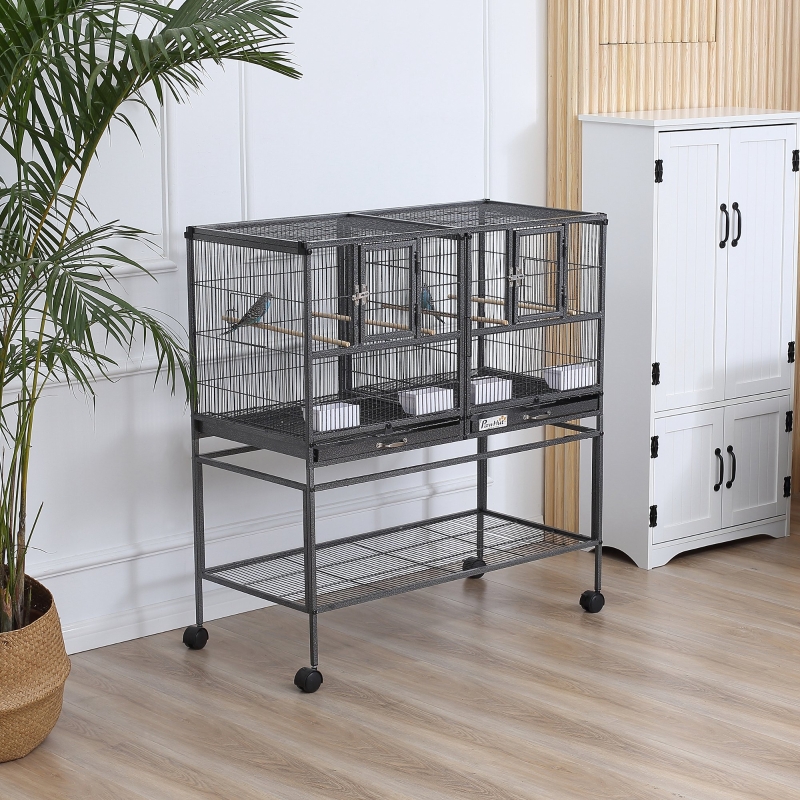 PawHut Large Double Rolling Metal Bird Cage Bird House w/ Removable Tray Storage Shelf
