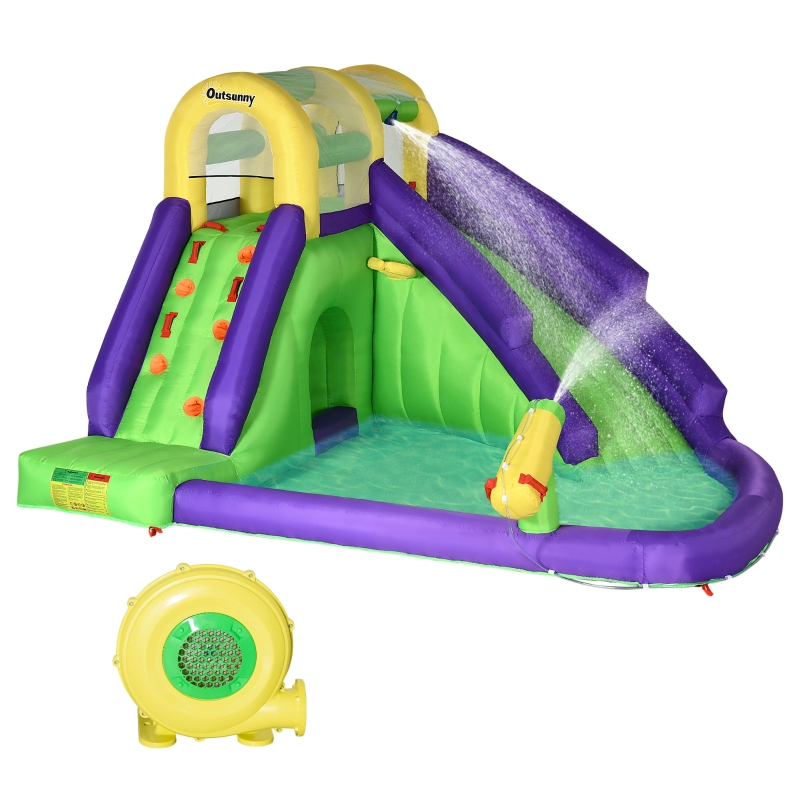 Outsunny 5-in-1 Inflatable Water Slide, Kids Castle Bounce House Includes Slide, Basket, Pool, Water Gun, Climbing Wall with Carry Bag, Repair Patches, 680W Air Blower
