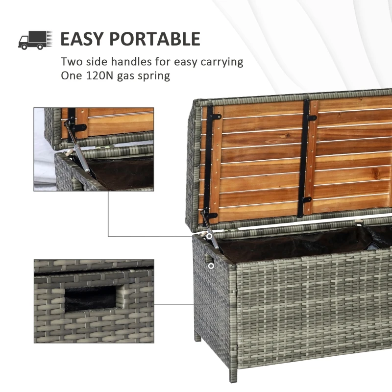 Outsunny Outdoor Storage Bench Wicker Deck Boxes with Wooden Seat, Gas Spring, Rattan Container Bin with Lip, Ideal for Storing Tools, Accessories and Toys, Mixed Grey