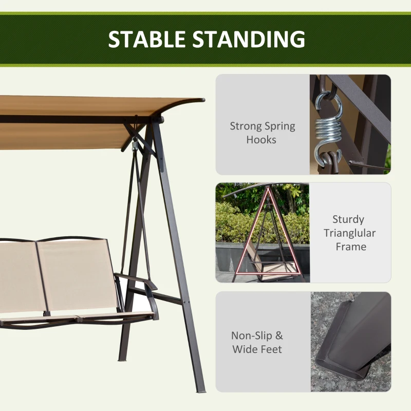 Outsunny 2 Seater Porch Swing with Canopy, Patio Swing Chair, Outdoor Canopy Swing Bench with Adjustable Shade and Metal Frame, Khaki