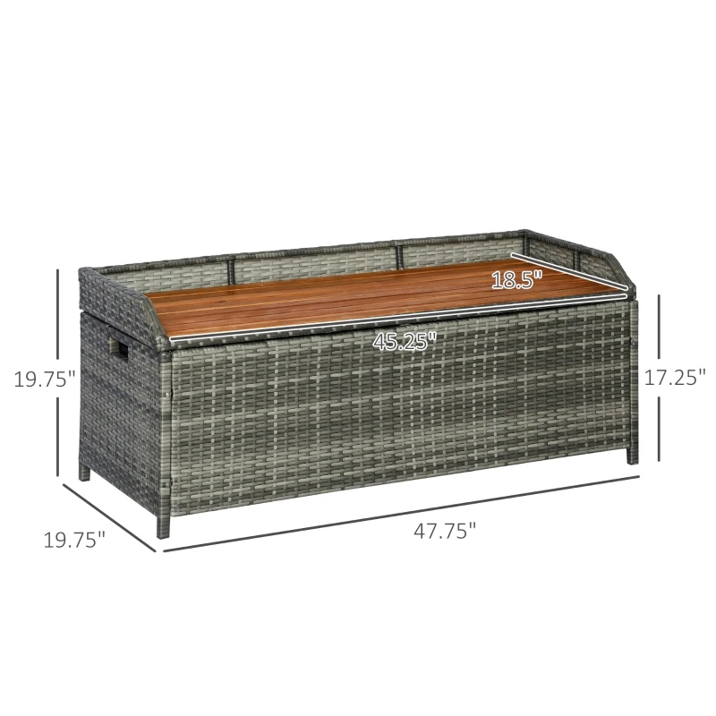 Outsunny Outdoor Storage Bench Wicker Deck Boxes with Wooden Seat, Gas Spring, Rattan Container Bin with Lip, Ideal for Storing Tools, Accessories and Toys, Mixed Grey