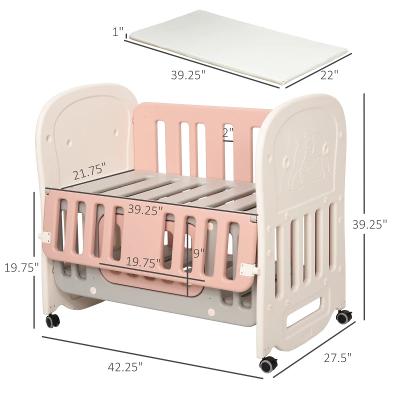 Qaba 3-in-1 Convertible Baby Crib Bedside Sleeper Bassinet with Storage Area, 4 Detachable Lockable Wheels, Mattress, Pink