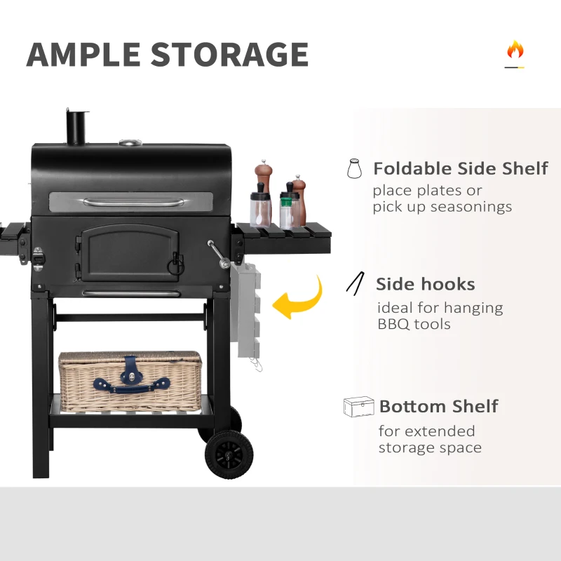 Outsunny 48" Charcoal BBQ Grill and Smoker Combo with Adjustable Height, Portable, Folding Shelves, Thermometer, Bottle Opener, and Wheels