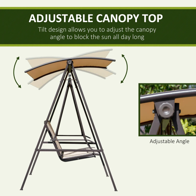 Outsunny 2 Seater Porch Swing with Canopy, Patio Swing Chair, Outdoor Canopy Swing Bench with Adjustable Shade and Metal Frame, Khaki