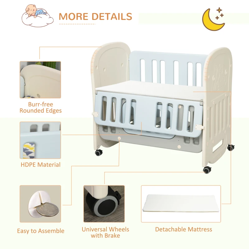 Qaba 3-in-1 Convertible Baby Crib Bedside Sleeper Bassinet with Storage Area, 4 Detachable Lockable Wheels, Mattress, Blue