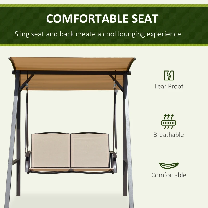 Outsunny 2 Seater Porch Swing with Canopy, Patio Swing Chair, Outdoor Canopy Swing Bench with Adjustable Shade and Metal Frame, Khaki