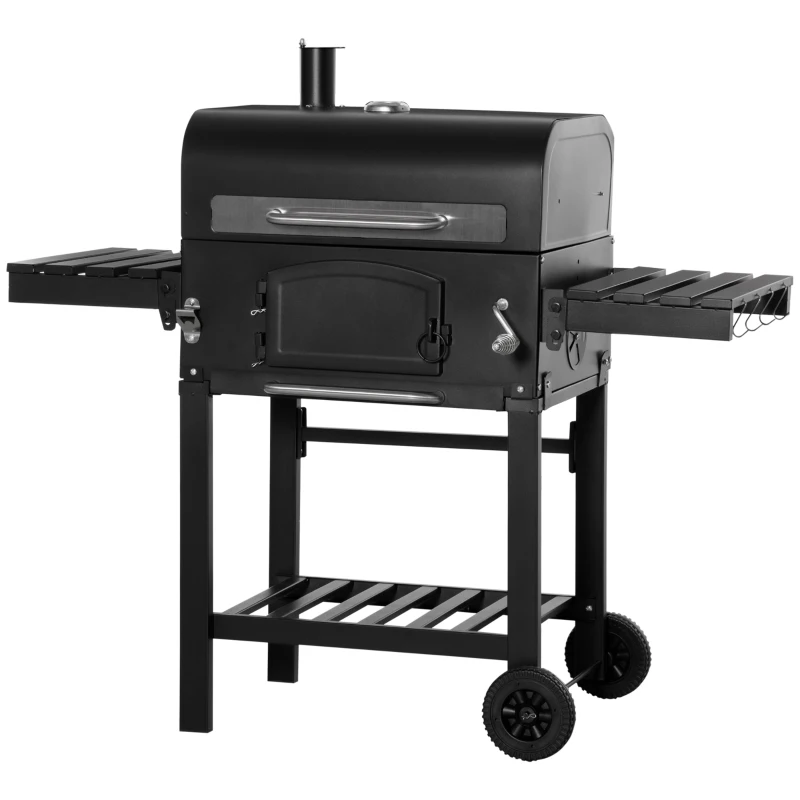 Outsunny 48" Charcoal BBQ Grill and Smoker Combo with Adjustable Height, Portable, Folding Shelves, Thermometer, Bottle Opener, and Wheels
