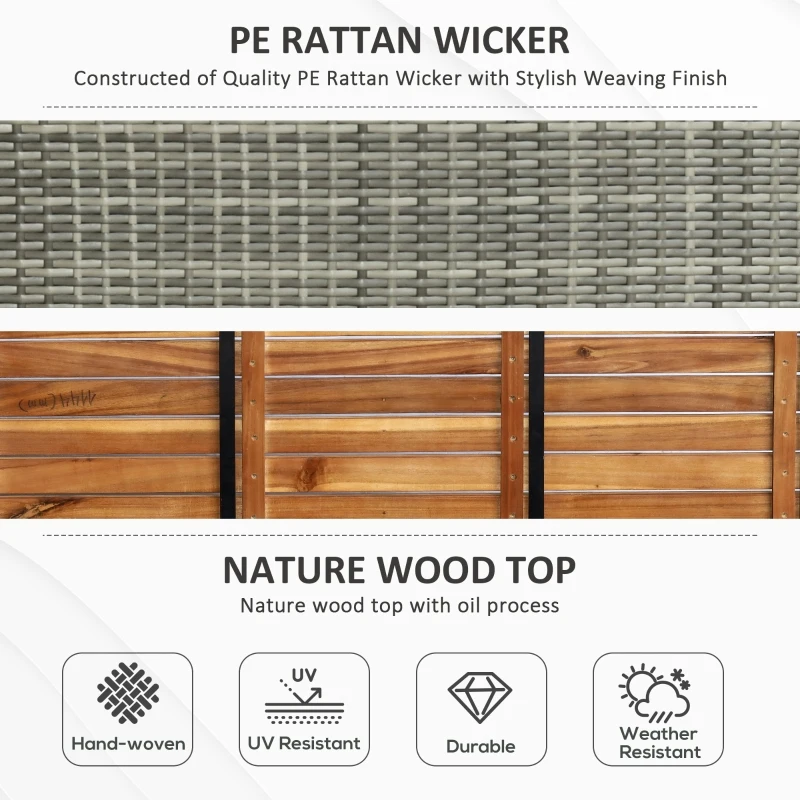 Outsunny Outdoor Storage Bench Wicker Deck Boxes with Wooden Seat, Gas Spring, Rattan Container Bin with Lip, Ideal for Storing Tools, Accessories and Toys, Mixed Grey