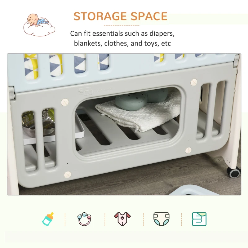 Qaba 3-in-1 Convertible Baby Crib Bedside Sleeper Bassinet with Storage Area, 4 Detachable Lockable Wheels, Mattress, Blue