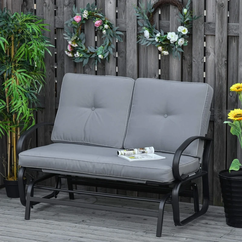 Outsunny Patio Glider Bench with Padded Cushions and Armrests, Outdoor 2-Person Swing Rocking Chair Loveseat with Sturdy Frame, Grey