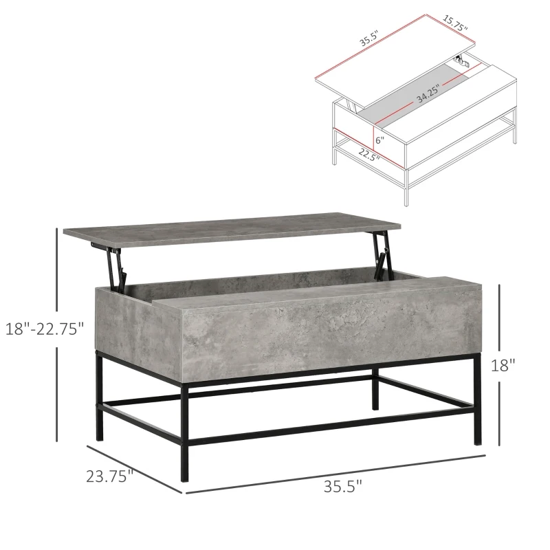HOMCOM Modern Lift Top Coffee Table with Hidden Storage Compartment and Metal Legs, for Living Room, Home Office, Grey