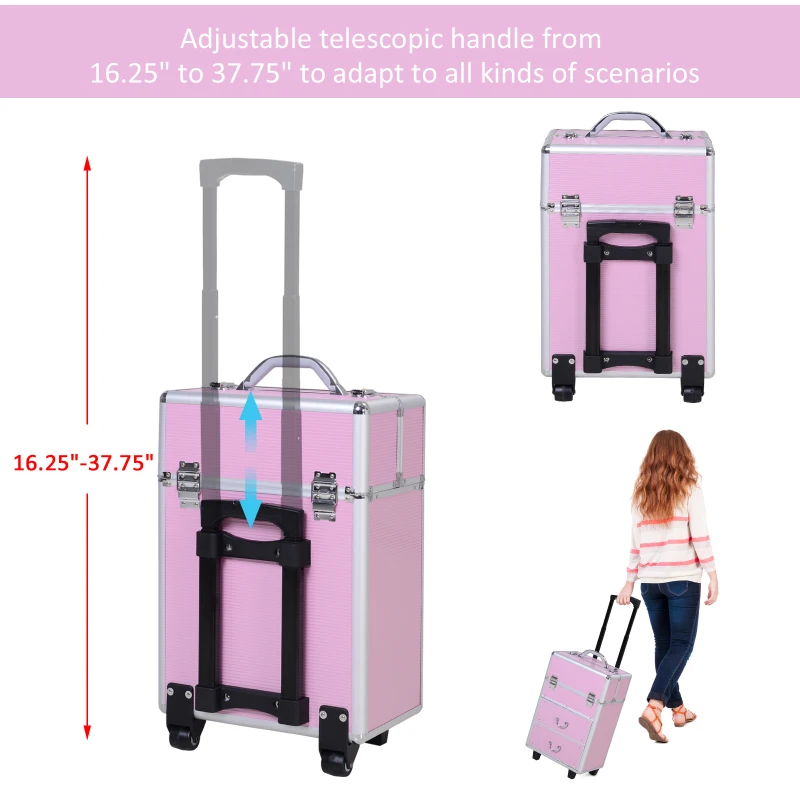 HOMCOM Professional Rolling Full Makeup Travel Train Case, Large Storage Cosmetic Trolley with Folding Trays, Drawer and Locks, Bubblegum Pink