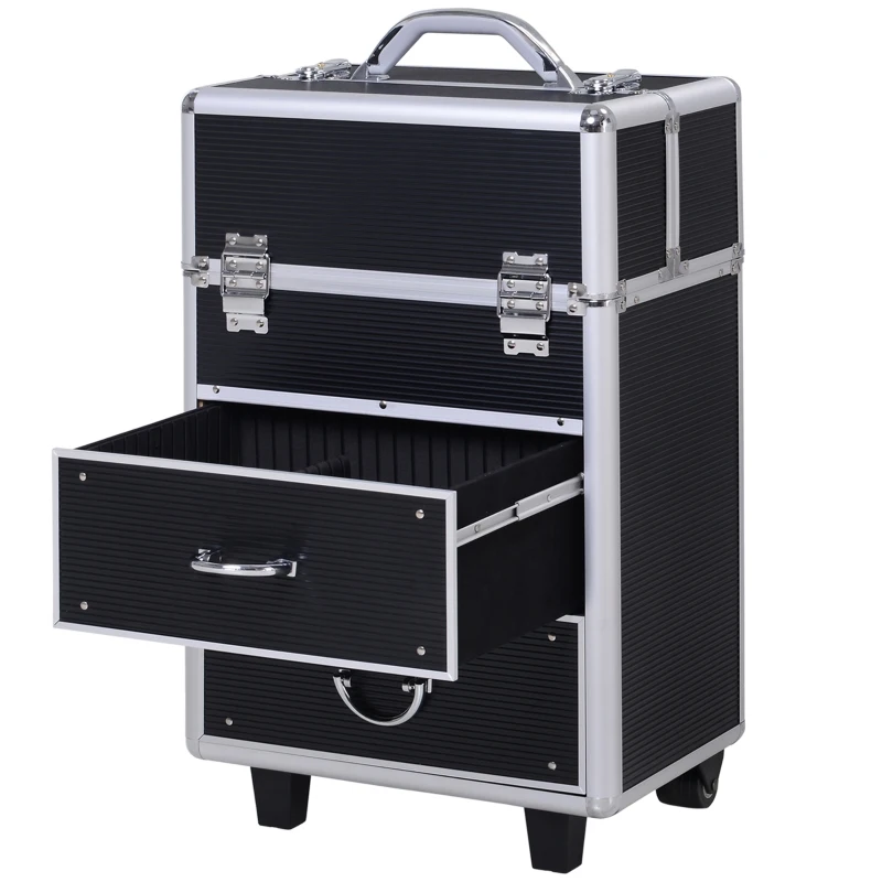 HOMCOM 23" Lockable Professional Rolling Cosmetic Makeup Train Case, Black