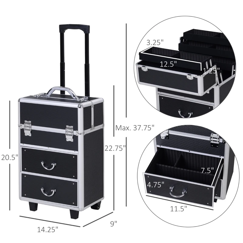 HOMCOM Professional Rolling Full Makeup Travel Train Case, Large Storage Cosmetic Trolley with Folding Trays, Drawer and Locks, Black