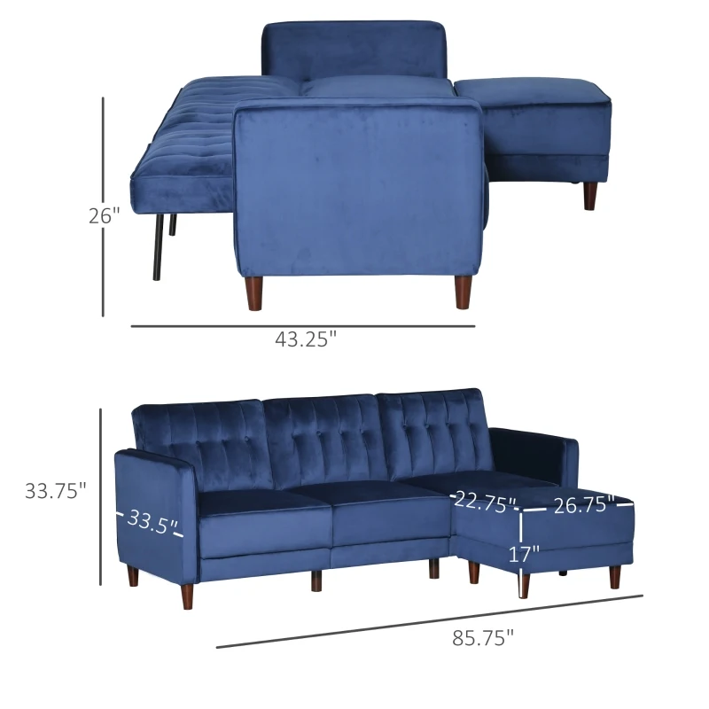 HOMCOM Upholstered L-Shaped Sofa Bed, Reversible Sectional Recliner Sofa Set, Velvet-Touch Sleeper Futon with Footstool, Blue