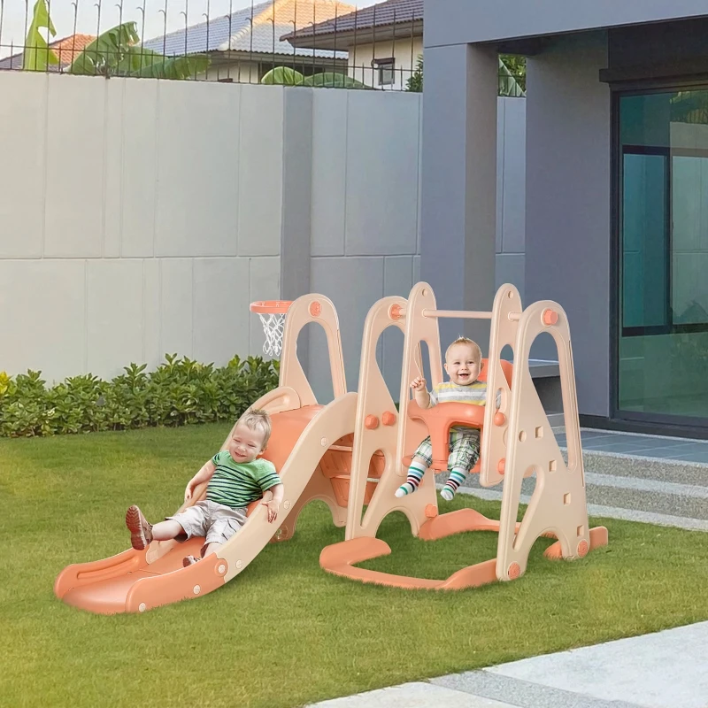 Qaba 4-in-1 Kids Slide and Swing Set w/ Basketball Hoop, Height Adjustable Water-fillable Toddler Climbing Playset, Playground Activity Center Exercise Toy