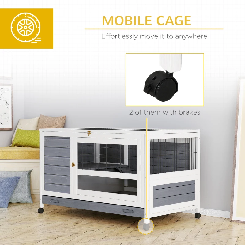 PawHut Indoor Rabbit Enclosure, Wooden Elevated Pet Bunny House with Slide-Out Tray Indoor Grey