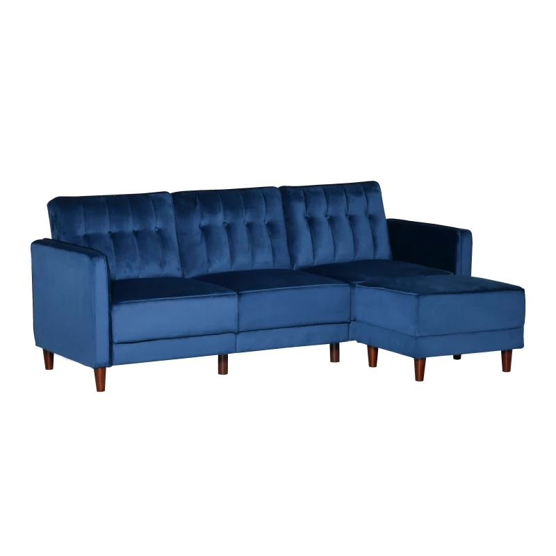 HOMCOM Upholstered L-Shaped Sofa Bed, Reversible Sectional Recliner Sofa Set, Velvet-Touch Sleeper Futon with Footstool, Blue
