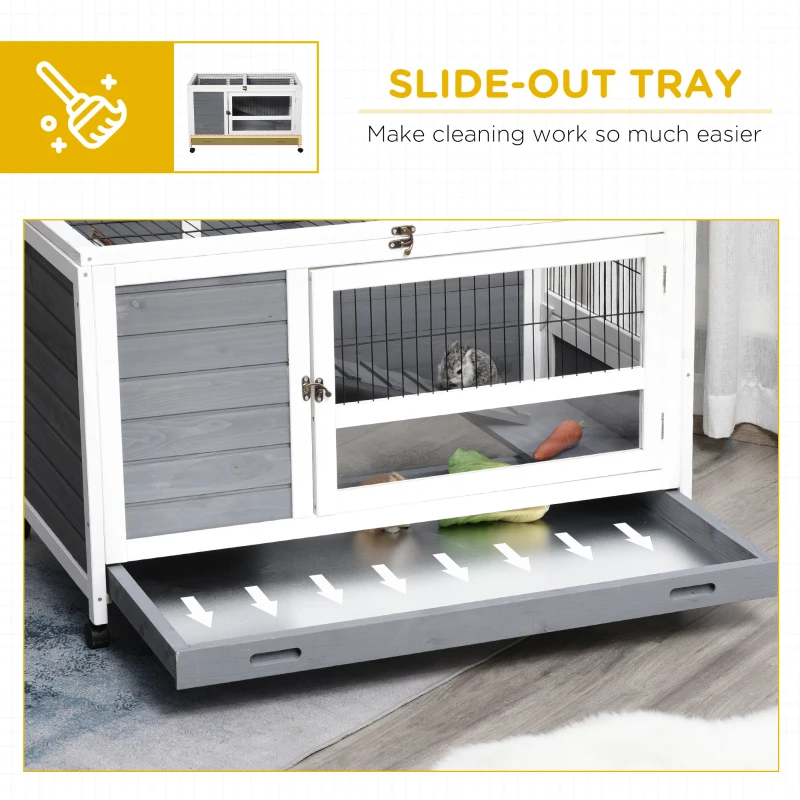 PawHut Indoor Rabbit Enclosure, Wooden Elevated Pet Bunny House with Slide-Out Tray Indoor Grey