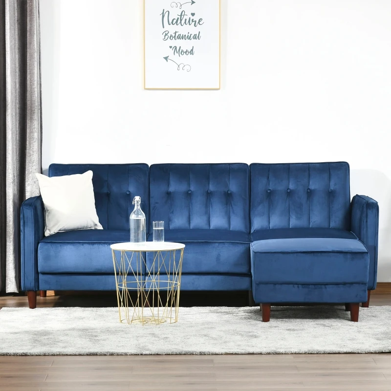 HOMCOM Upholstered L-Shaped Sofa Bed, Reversible Sectional Recliner Sofa Set, Velvet-Touch Sleeper Futon with Footstool, Blue