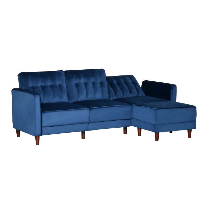 HOMCOM Upholstered L-Shaped Sofa Bed, Reversible Sectional Recliner Sofa Set, Velvet-Touch Sleeper Futon with Footstool, Blue