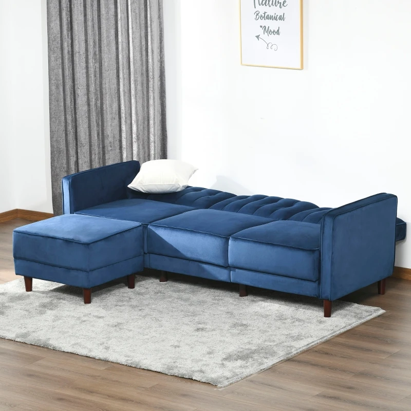 HOMCOM Upholstered L-Shaped Sofa Bed, Reversible Sectional Recliner Sofa Set, Velvet-Touch Sleeper Futon with Footstool, Blue
