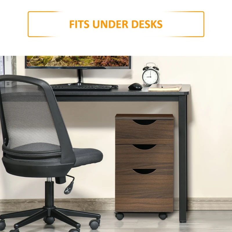HOMCOM 3 Drawer Mobile File Cabinet with Wheels, Wood Filing Cabinet for Home Office, Rolling Under Desk Cabinet, Brown Wood Grain