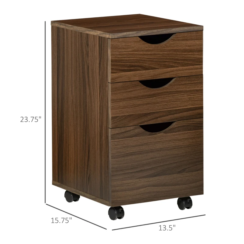 HOMCOM 3 Drawer Mobile File Cabinet with Wheels, Wood Filing Cabinet for Home Office, Rolling Under Desk Cabinet, Brown Wood Grain