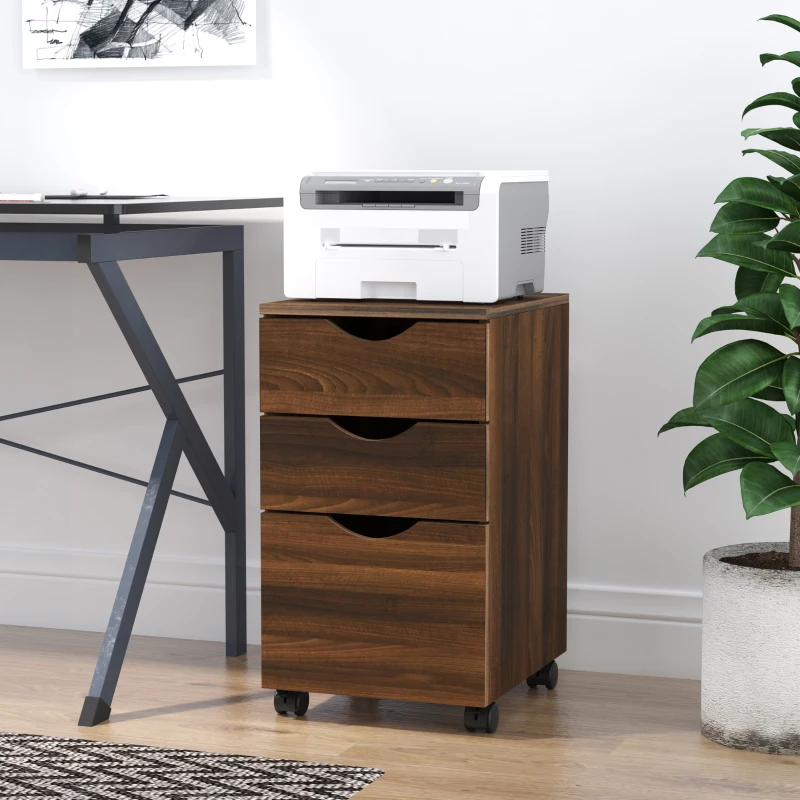 HOMCOM 3 Drawer Mobile File Cabinet with Wheels, Wood Filing Cabinet for Home Office, Rolling Under Desk Cabinet, Brown Wood Grain