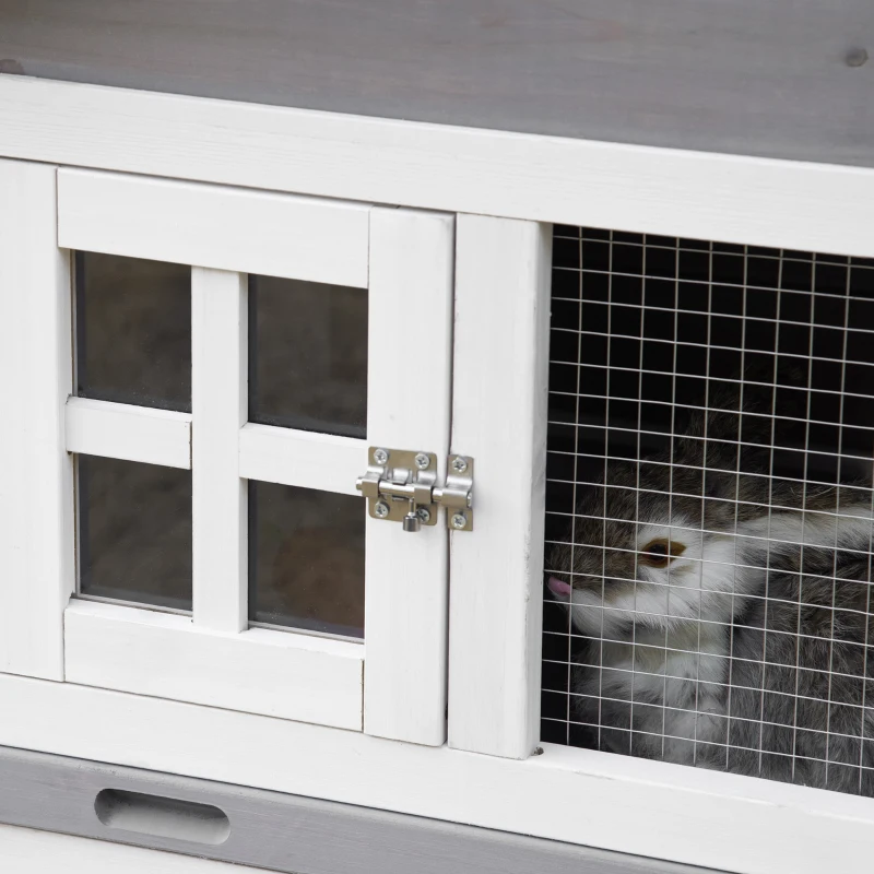 PawHut 59" Wooden Rabbit Hutch 2 Tier Bunny House Pet Playpen Enclosure for Indoor Outdoor with Slide-out Tray, Ramp, for Rabbits and Small Animals, Grey