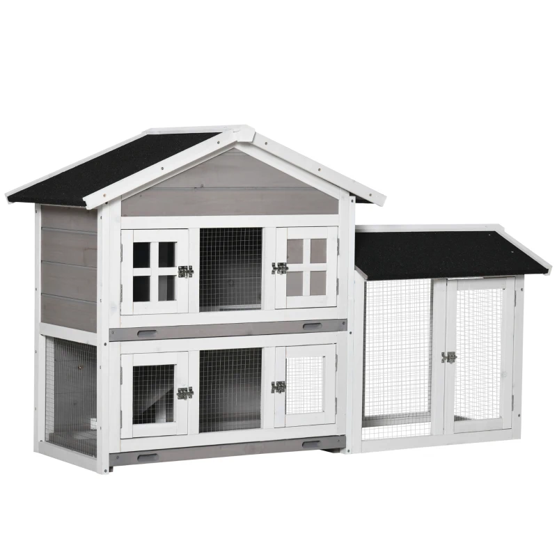 PawHut 59" Wooden Rabbit Hutch 2 Tier Bunny House Pet Playpen Enclosure for Indoor Outdoor with Slide-out Tray, Ramp, for Rabbits and Small Animals, Grey