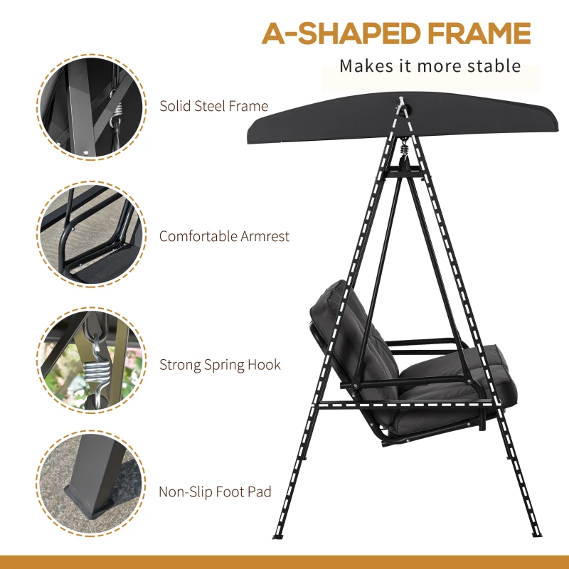 Outsunny 2 Seater Covered Outdoor Swing Chair Porch Swing Bench Lounger Hammock with Removable Cushion Tilt Canopy, Black