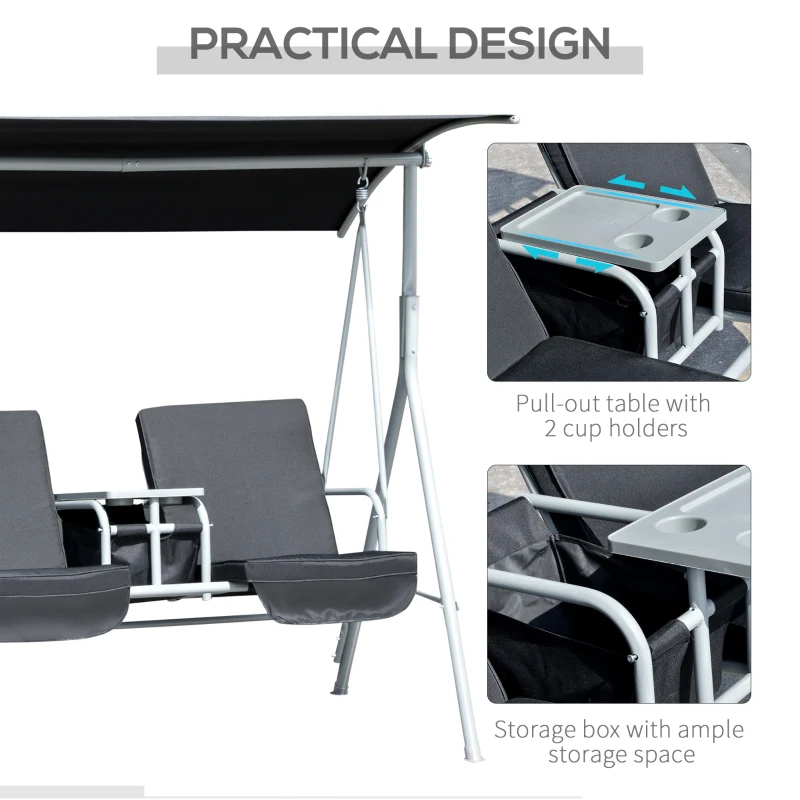 Outsunny Double Outdoor Swing Chair 2 Person Covered Swing Porch Swing w/ Pivot Table and Storage Console, Black