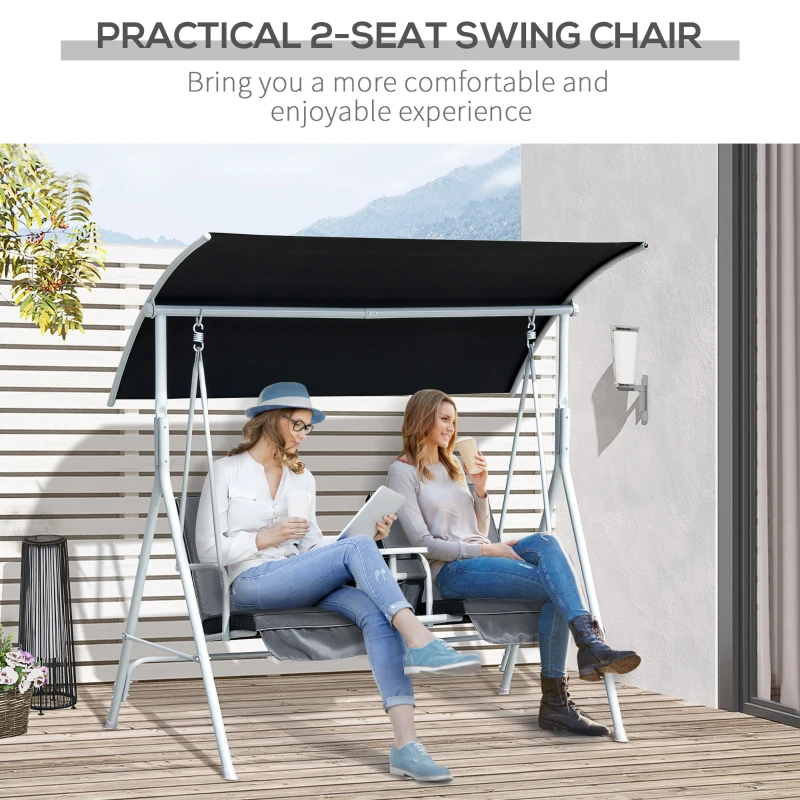 Outsunny Double Outdoor Swing Chair 2 Person Covered Swing Porch Swing w/ Pivot Table and Storage Console, Black