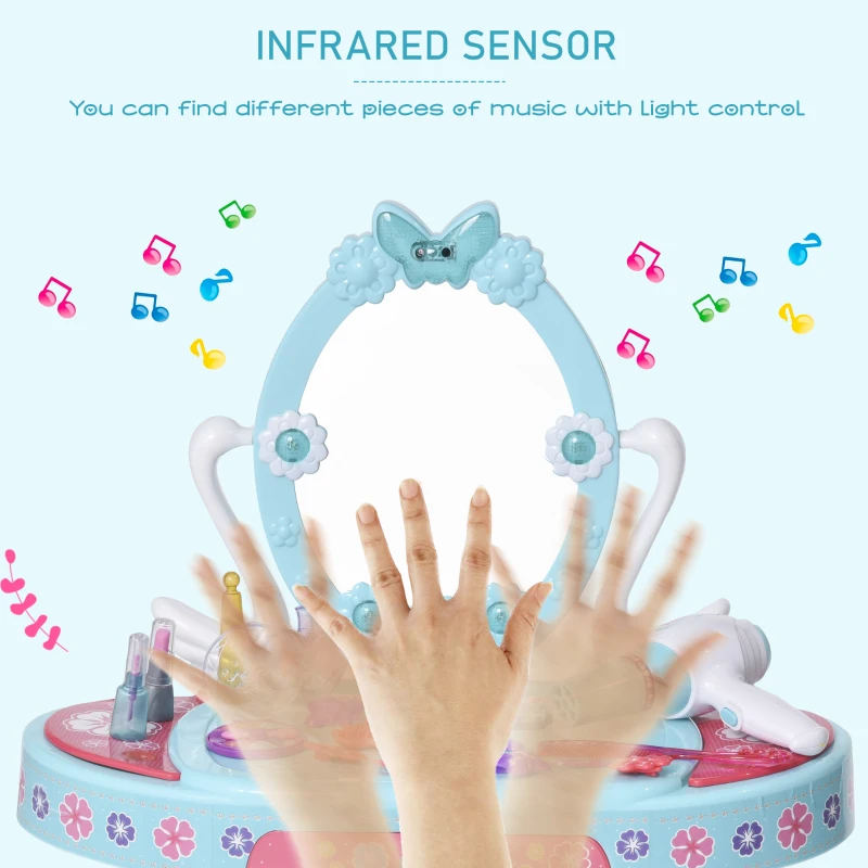 Qaba Kids Vanity Table and Stool Beauty Pretend Play Set with Mirror Lights Sounds & Pretend Beauty Makeup Accessories for Girls 3+ Years Old Blue