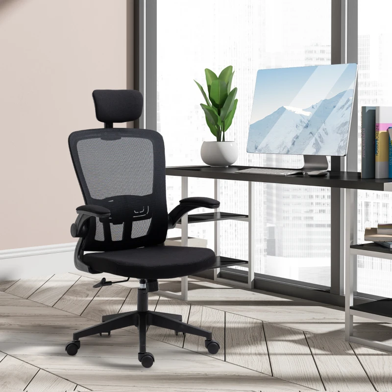 Vinsetto High Back Mesh Chair, Home Office Task Computer Chair with Adjustable Height, Lumbar Back Support, Headrest, and Arms, Black