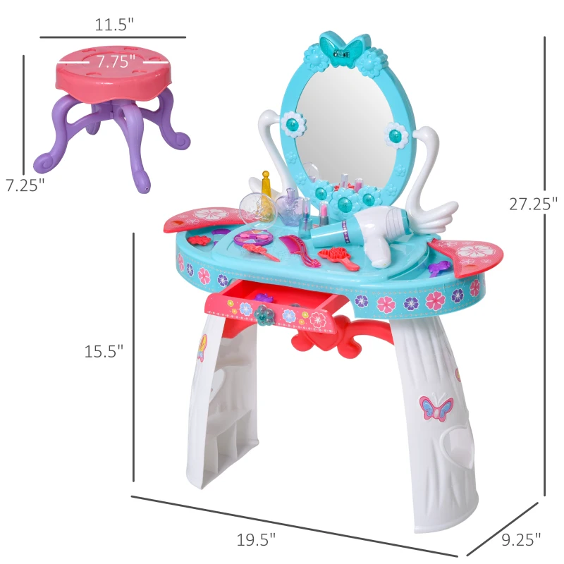 Qaba Kids Vanity Table and Stool Beauty Pretend Play Set with Mirror Lights Sounds & Pretend Beauty Makeup Accessories for Girls 3+ Years Old Blue