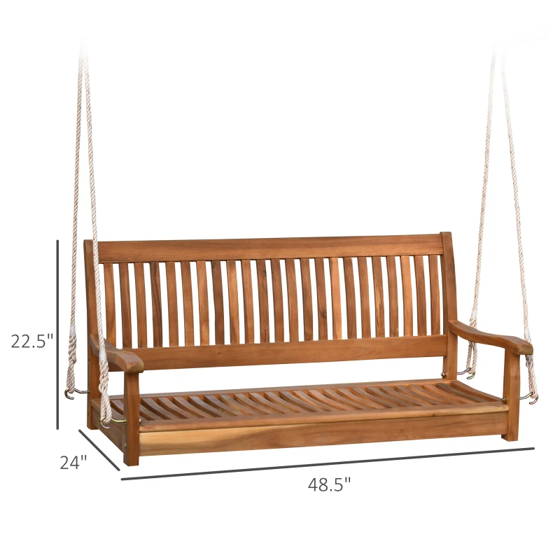 Outsunny 48'' 2-Seater Hanging Porch Swing, Outdoor Patio Wooden Swing Bench w/ Ropes, Slatted Design, 700 lb Weight Capacity, Natural