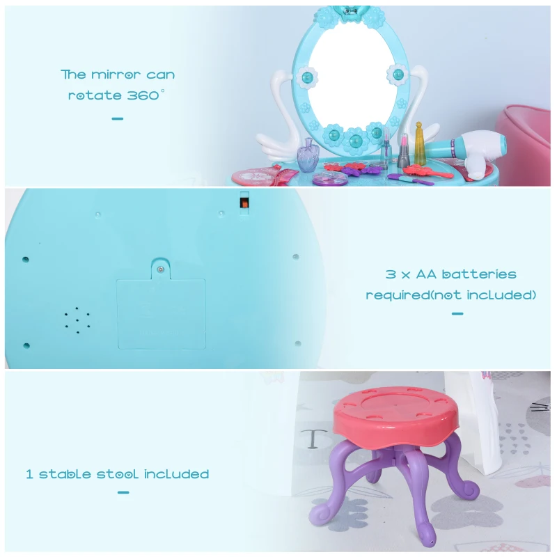 Qaba Kids Vanity Table and Stool Beauty Pretend Play Set with Mirror Lights Sounds & Pretend Beauty Makeup Accessories for Girls 3+ Years Old Blue
