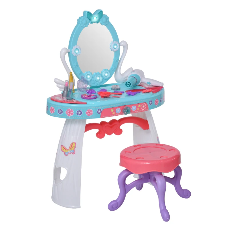 Qaba Kids Vanity Table and Stool Beauty Pretend Play Set with Mirror Lights Sounds & Pretend Beauty Makeup Accessories for Girls 3+ Years Old Blue
